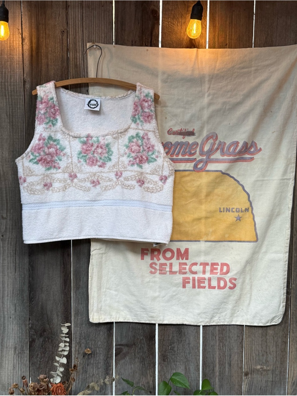 Vintage towel Floral Cropped Tank Top handmade  in Cream, Pink & Green